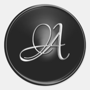 ALL INITIALS Silver Script on Black Classic Round Sticker
