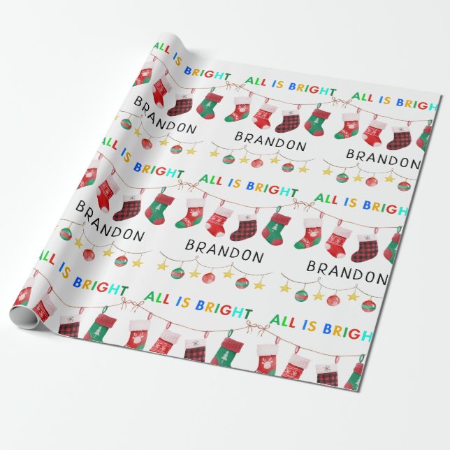 All Is Bright Christmas personalized Name  Wrapping Paper (Unrolled)