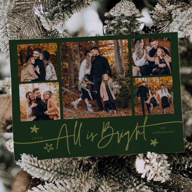 All Is Bright Green Multi Photo Holiday Card (Creator Uploaded)