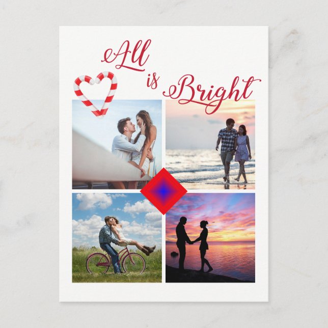 All is Bright Photo Collage Candy Cane Heart Holiday Postcard (Front)