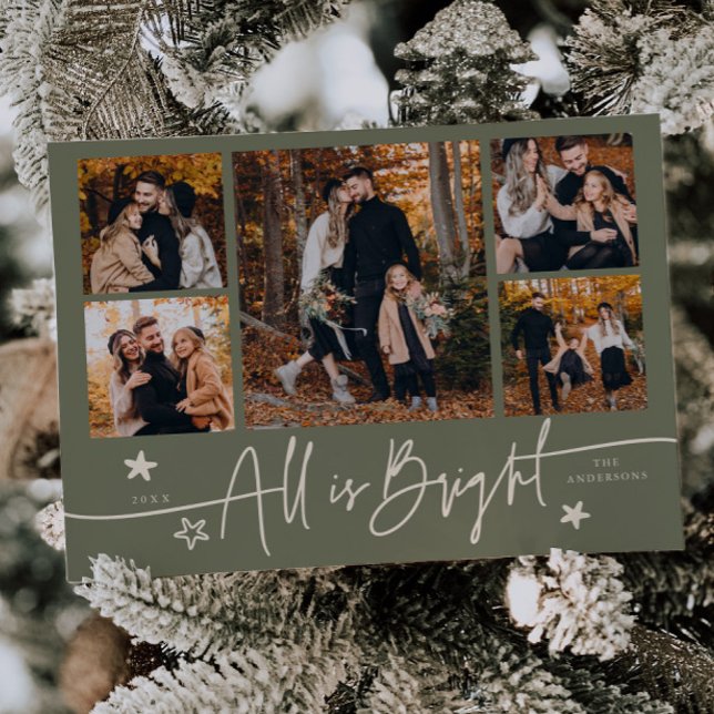 All Is Bright Sage Green Multi Photo Holiday Card (Creator Uploaded)