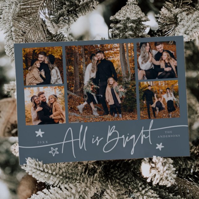 All Is Bright Slate Blue Multi Photo Holiday Card (Creator Uploaded)