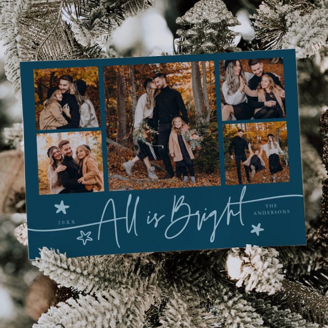 All Is Bright Teal Multi Photo Holiday Card (Creator Uploaded)