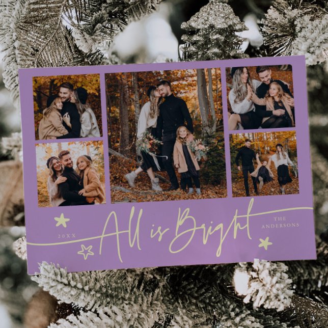 All Is Bright Wisteria Multi Photo Holiday Card (Creator Uploaded)