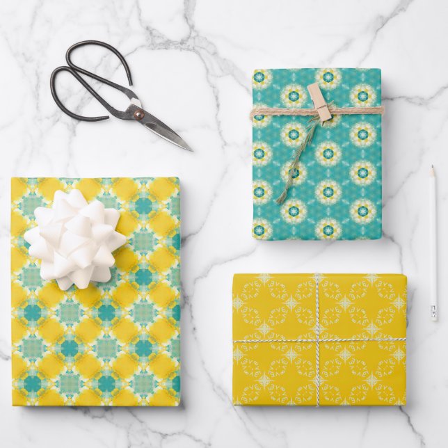 All Is Bright Yellow and Blue Festive Design  Wrapping Paper Sheet (Front)