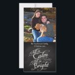 All is Calm Chalkboard Christmas Holiday Card<br><div class="desc">All is Calm, All is Bright. Single sided photo card with vertical portrait orientation. Dark charcoal gray chalkboard black board background with chalk-look fancy script writing with words from the famous Christmas carol, Silent Night. A sentimental and touching pretty item to remind of the beauty and slendor of the season!...</div>