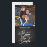 All is Calm Chalkboard Christmas Holiday Card<br><div class="desc">All is Calm, All is Bright. Single sided photo card with vertical portrait orientation. Dark charcoal gray chalkboard black board background with chalk-look fancy script writing with words from the famous Christmas carol, Silent Night. A sentimental and touching pretty item to remind of the beauty and slendor of the season!...</div>