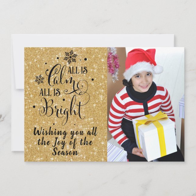 All is Calm/Christmas Quote/2-Sided Card/Gold bkg Holiday Card (Front)