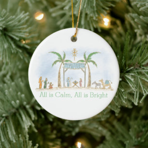 All Is Calm Hand Drawn Nativity Custom Message Ceramic Ornament