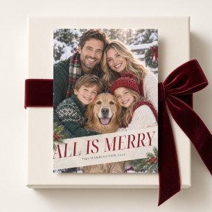 All Is Merry Burgundy Family Christmas Photo Card