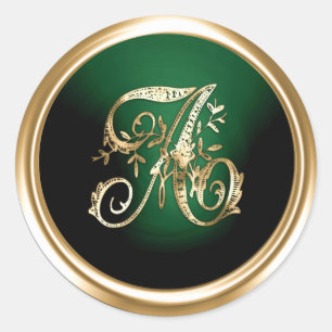 All Letter Gold and Dark Green Ornate Monogram Classic Round Sticker