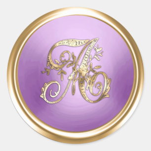 All Letter Gold and Purple Ornate Monogram  Classic Round Sticker