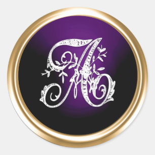 All Letter Gold and Purple Ornate Monogram White Classic Round Sticker