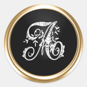 All Letter White and Black Ornate Monogram Classic Round Sticker