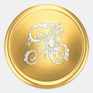 All Letter White and Gold Ornate Initial Monogram Classic Round Sticker
