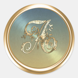 All Letters Blue Gold Ornate Monogram Classic Round Sticker