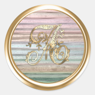 All Letters Pastel Stripe Gold Ornate Monogram  Classic Round Sticker