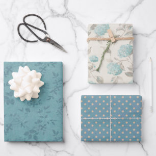 All Occasion Blue Floral and Polka Dots Set of 3 Wrapping Paper Sheet