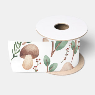 All Occasion Eucalyptus Forest Mushrooms on White Satin Ribbon