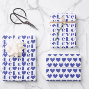 All-Occasion Royal Blue "LOVE" with Heart Pattern Wrapping Paper Sheet