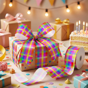All Occasion Vivid Colourful Chequered Pattern Satin Ribbon