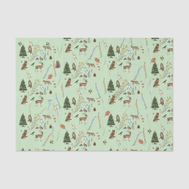 All Occasion Woodland Animals Plants Sage Green Tissue Paper (Front)