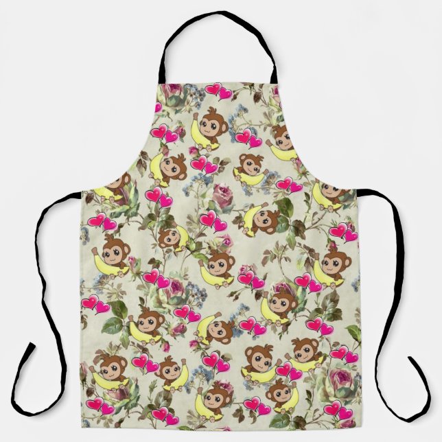 All Over Print Apron Bananas Monkey Pink Hearts (Front)
