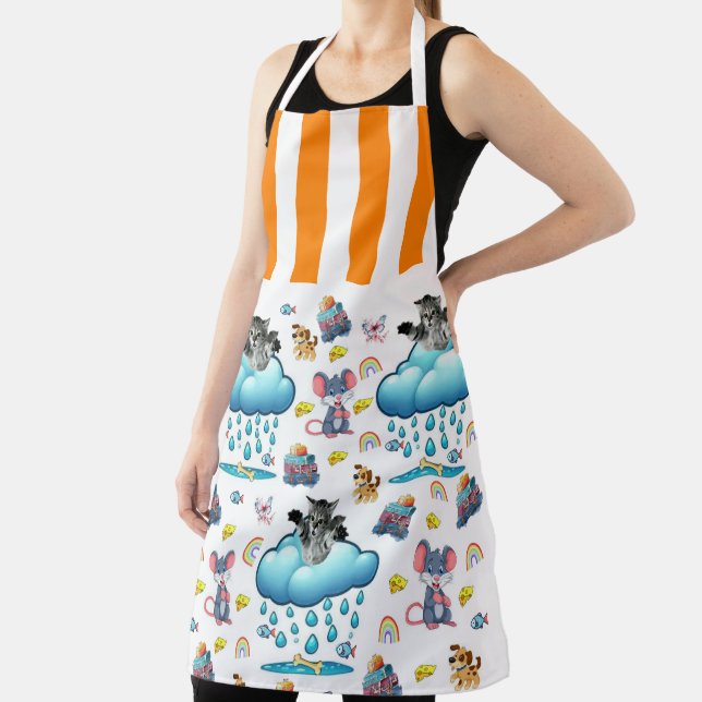 All Over Print Apron Orange Stripe Dog Cat Mouse  (Insitu)