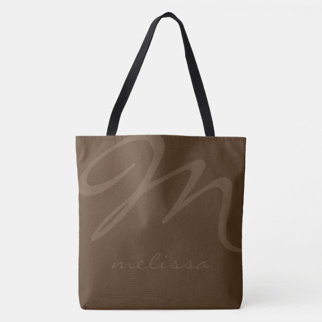 all-over-print brown tote bag with her name (Front)