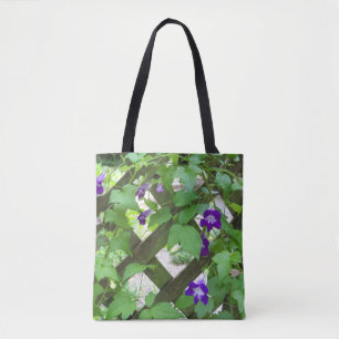 all over print on tote purple flowers on lattice bag