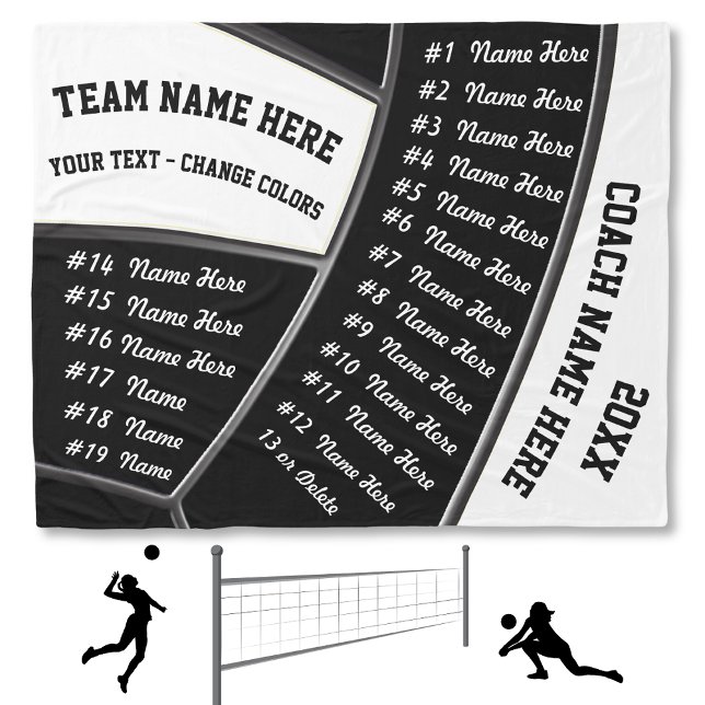 ALL Players Black White Volleyball Coach Gifts Fleece Blanket (Volleyball Coach Gift, with ALL Players Names. Personalized volleyball coach gifts. Senior Night.)