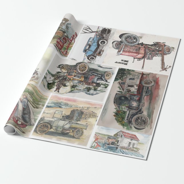 All Purpose Vintage Cars Wrapping Paper (Unrolled)