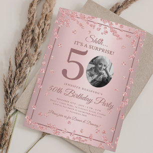 All Rose Gold SURPRISE Photo 50th Birthday Glam  Invitation