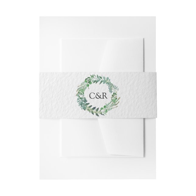 All Season Green Foliage Wreath Wedding Invitation Belly Band (Front Example)