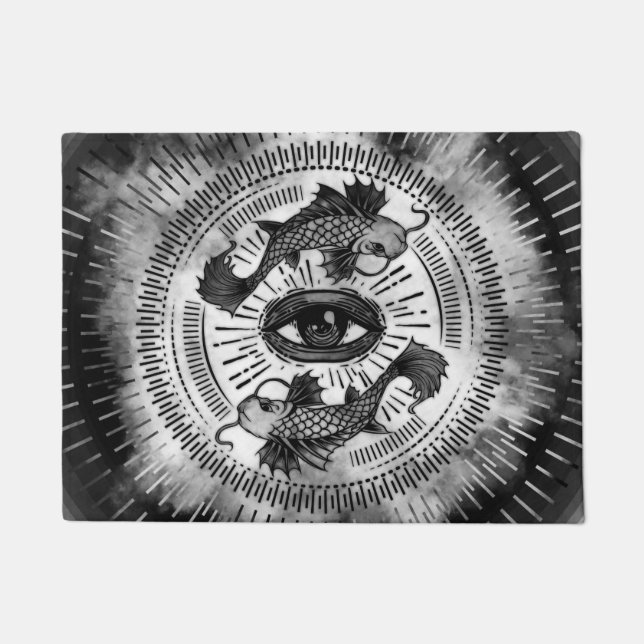 All Seeing Eye and Koi Fish - Black and White Doormat (Front)