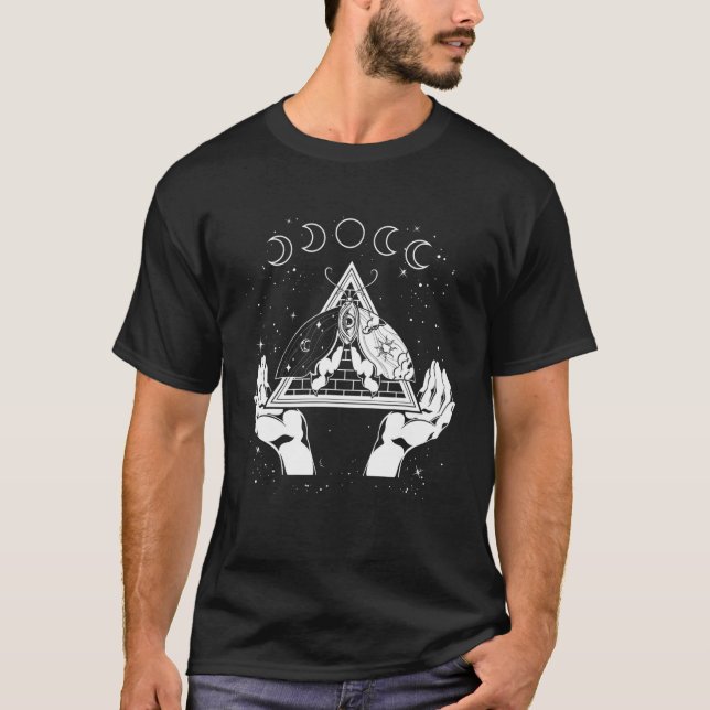 All Seeing Eye Moon Phases Moth Hamsa Hand Pyramid T-Shirt (Front)