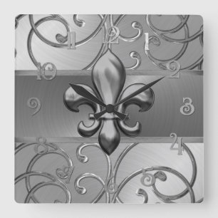 All Silver Filigree Swirls Fleur de Lis Square Wall Clock