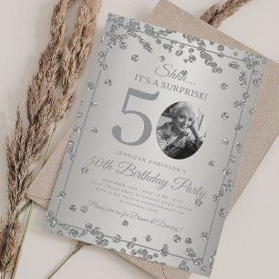 All Silver SURPRISE Photo 50th Birthday Glam Invitation