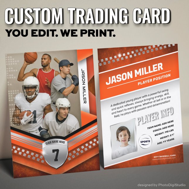 All Sports Custom Trading Card, Orange Elite Sport Calling Card (Custom Trading Card Template, All Sport Trading Card, Modern Orange Silver Design for All Sports)