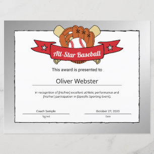 All-Star Baseball Player Award BaseballCertificate