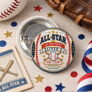 All-Star Baseball Ticket 1st Birthday Baby Boy 1 Inch Round Button