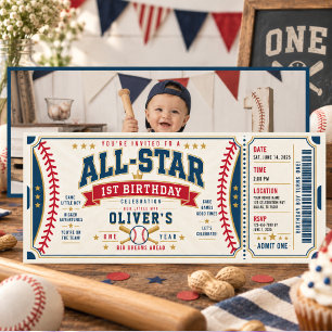 All-Star Baseball Ticket 1st Birthday Baby photo Invitation