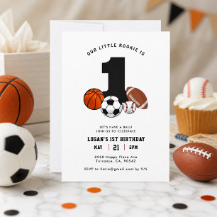 All-Star Blue Vintage Sports Boy 1st Birthday Invitation