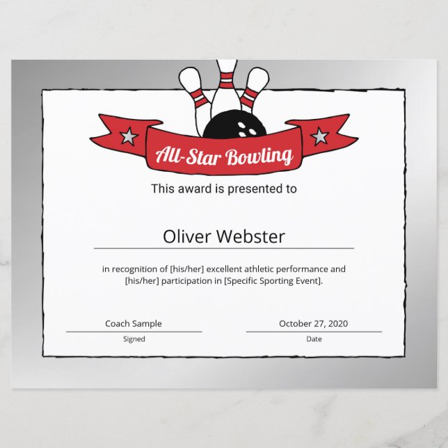 All-Star Bowling Player Award Bowling Certificate (Front)