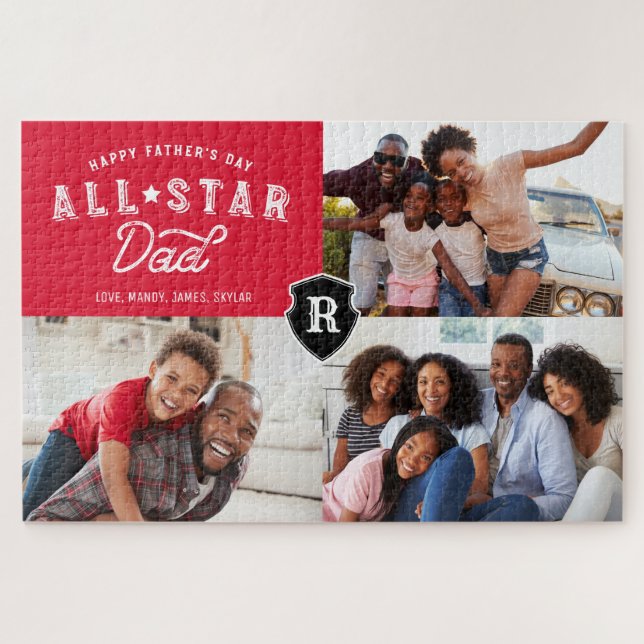 All Star Dad | Happy Father's Day Photo & Monogram Jigsaw Puzzle (Horizontal)