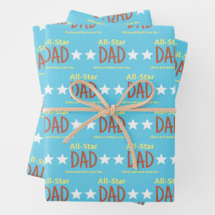 All-Star Dad Sky Blue Yellow Children's Names Love Wrapping Paper Sheet