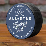 All Star Hockey Dad Happy Father's Day Gift Hockey Puck<br><div class="desc">Send a fun personalized Father's Day gift, a birthday gift, or a Christmas gift to your dad that he'll cherish. Special personalized Father's Day hockey puck. Our design features "All-Star Hockey Dad" Customize with names or personalized messages. Note: text colour and background colour can be changed to suit your preference....</div>