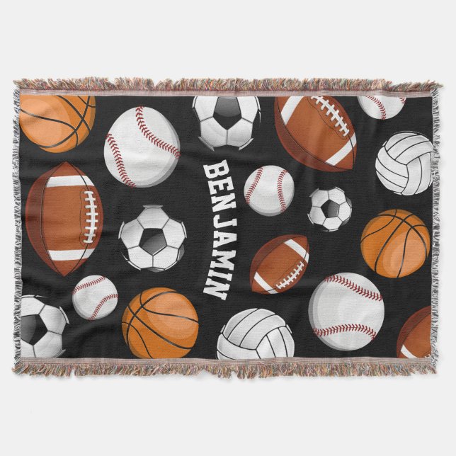 All-Star Sports Assortment Personalized Name Black Throw Blanket (Front)