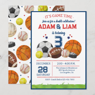 All Star Sports Twin Birthday  Party Invitation
