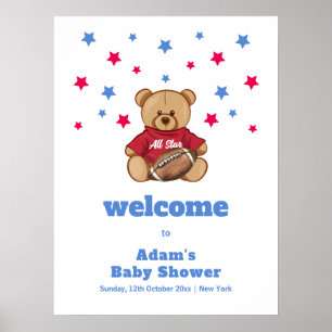 All Star Teddy Bear Football Baby Shower Welcome Poster